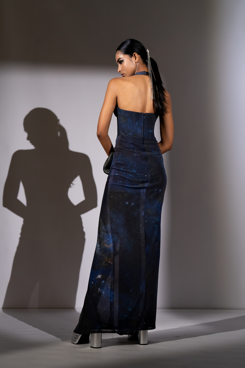 BLUE GALAXY PRINTED CORSET BODYCON DRESS