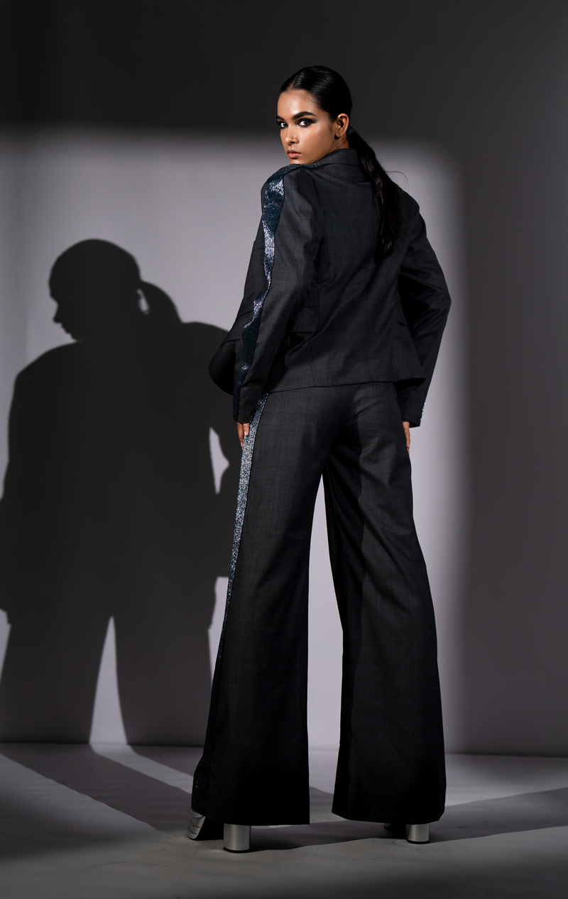 GREY PANTSUIT WITH STAR BAND EMBROIDERY & BODYSUIT