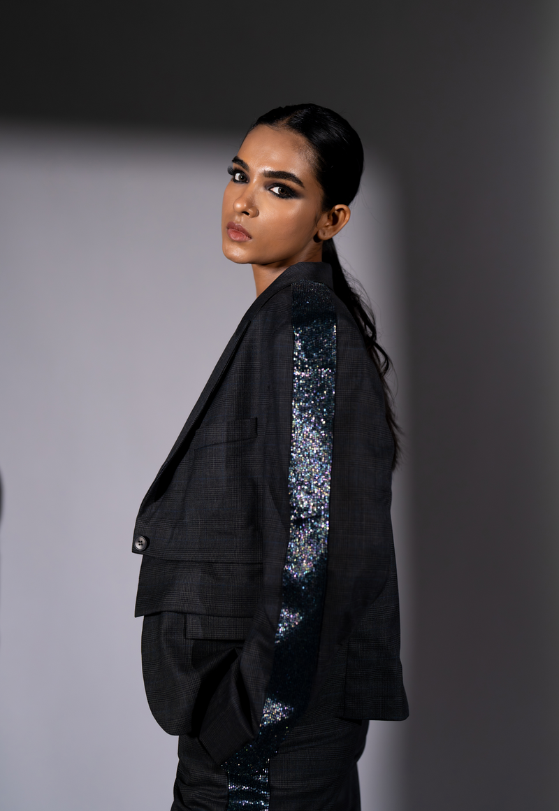 GREY PANTSUIT WITH STAR BAND EMBROIDERY & BODYSUIT