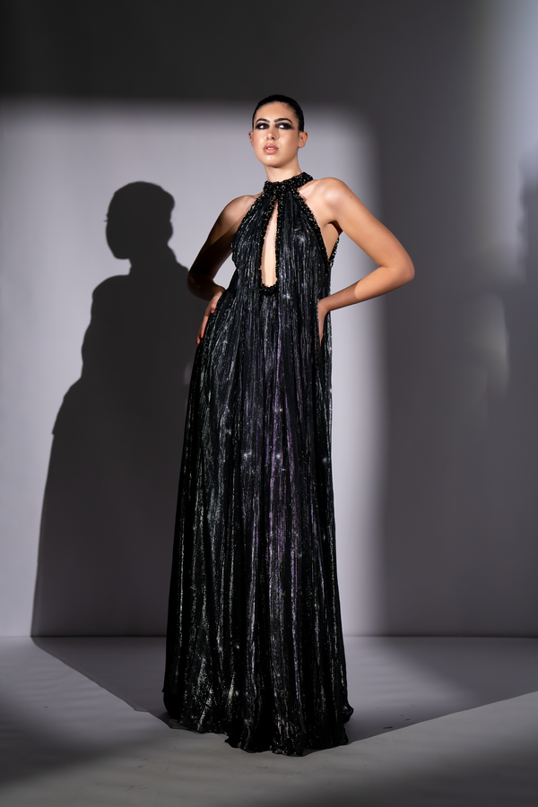 BLACK GALAXY PRINTED MAXI DRESS WITH NOIR STUDS EMBROIDERY