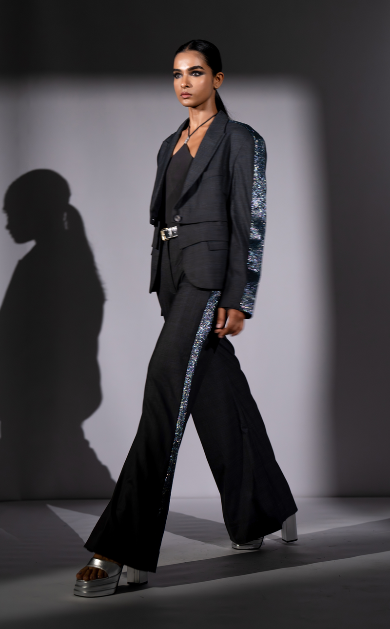 GREY PANTSUIT WITH STAR BAND EMBROIDERY & BODYSUIT