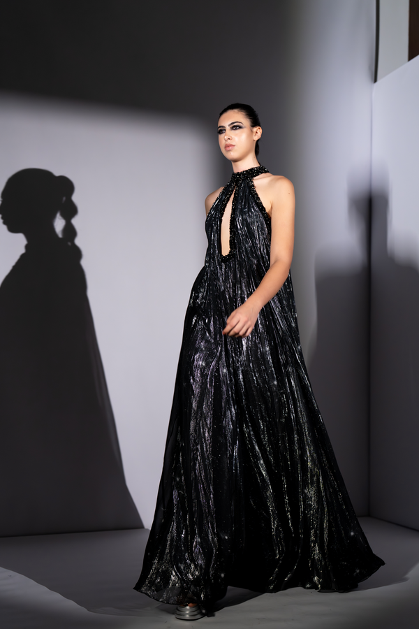 BLACK GALAXY PRINTED MAXI DRESS WITH NOIR STUDS EMBROIDERY