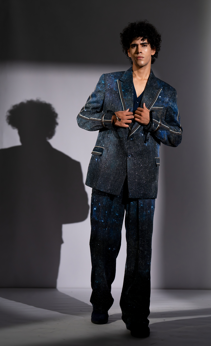 BLUE GALAXY PRINT SHEETED PANTSUIT