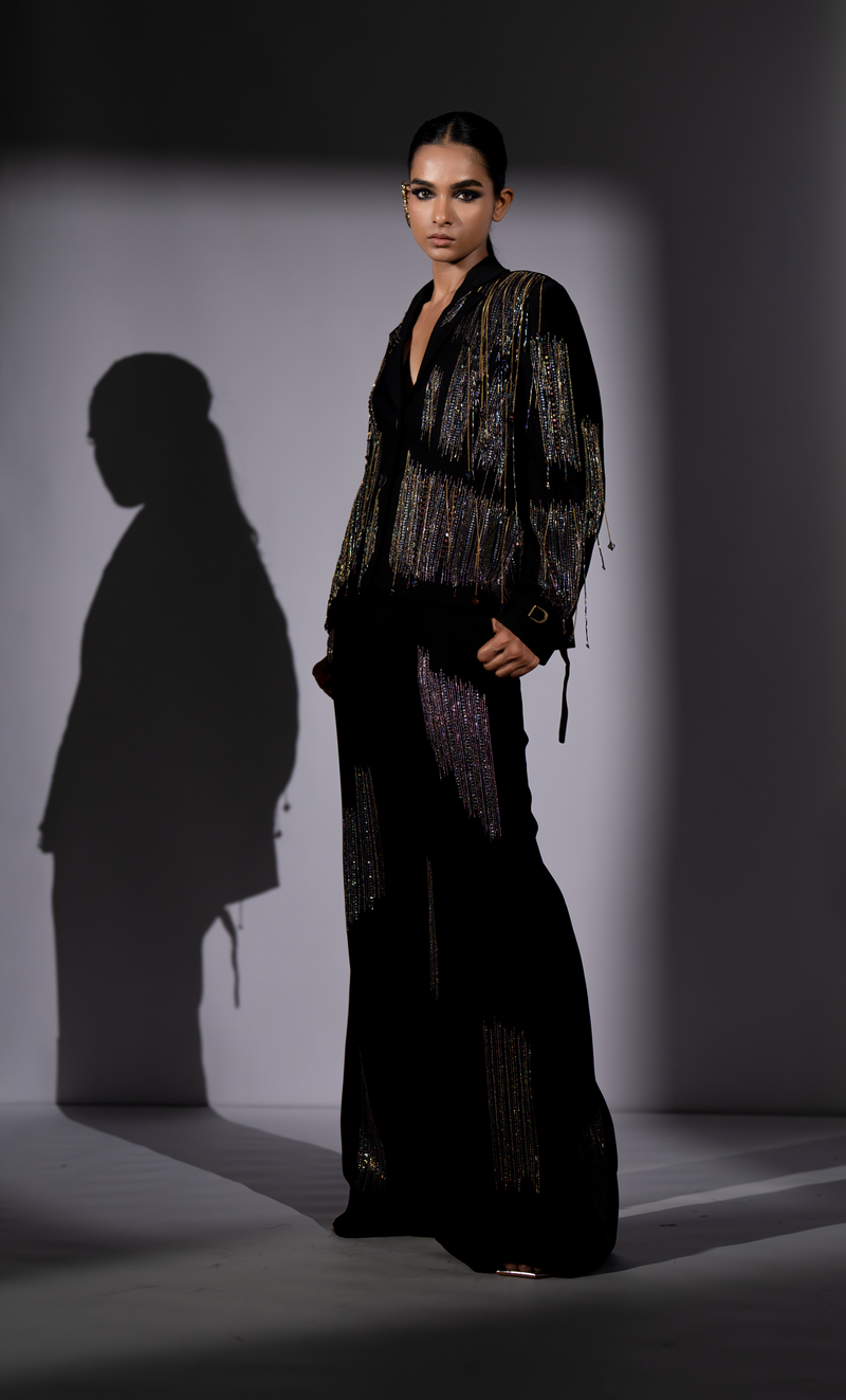 BLACK PANTSUIT WITH METEOR HOLOGRAPHIC EMBROIDERY
