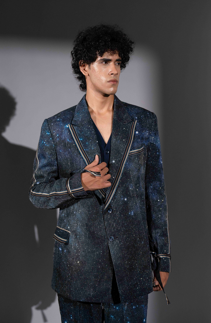 BLUE GALAXY PRINT SHEETED PANTSUIT