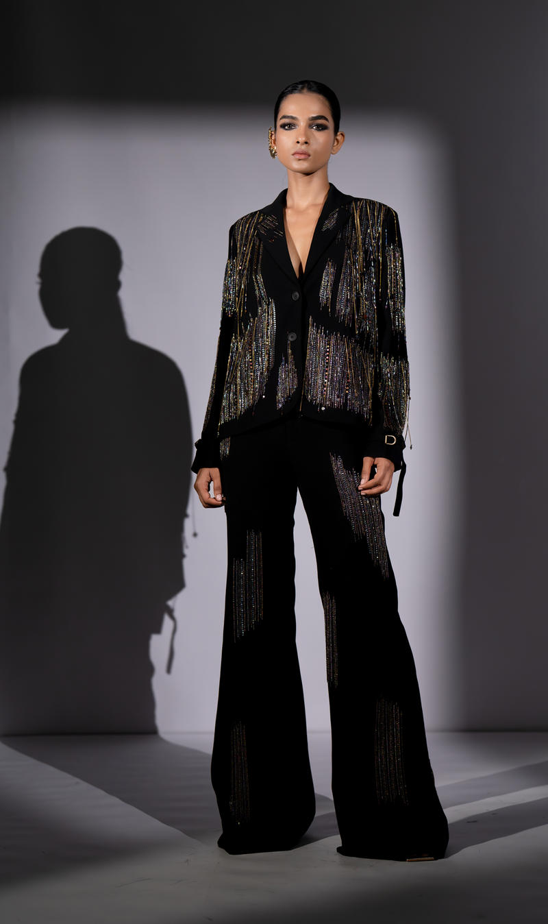 BLACK PANTSUIT WITH METEOR HOLOGRAPHIC EMBROIDERY