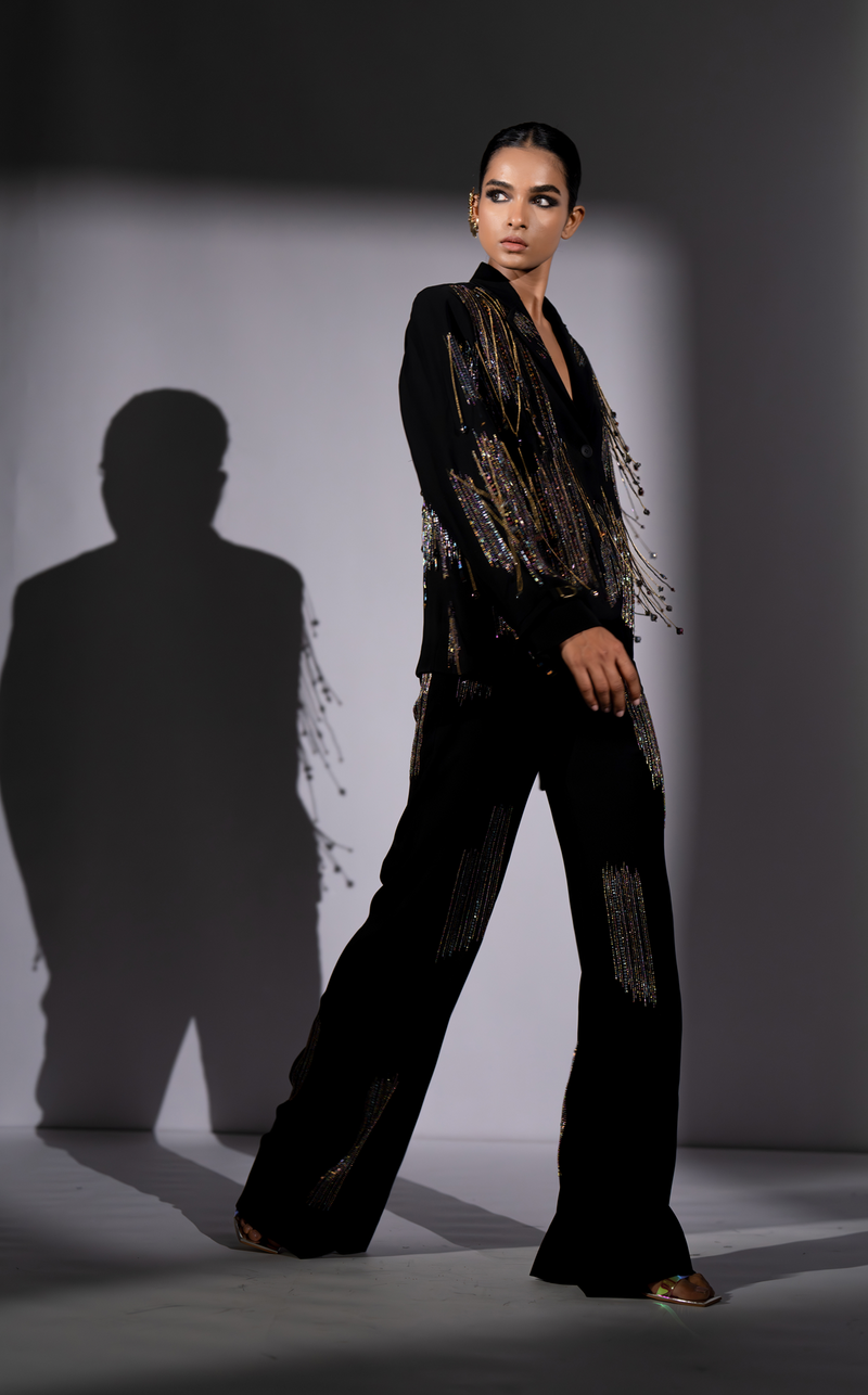 BLACK PANTSUIT WITH METEOR HOLOGRAPHIC EMBROIDERY