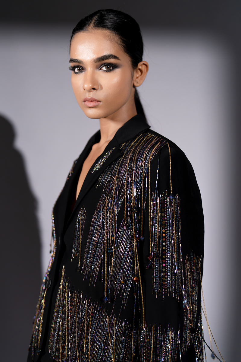BLACK PANTSUIT WITH METEOR HOLOGRAPHIC EMBROIDERY