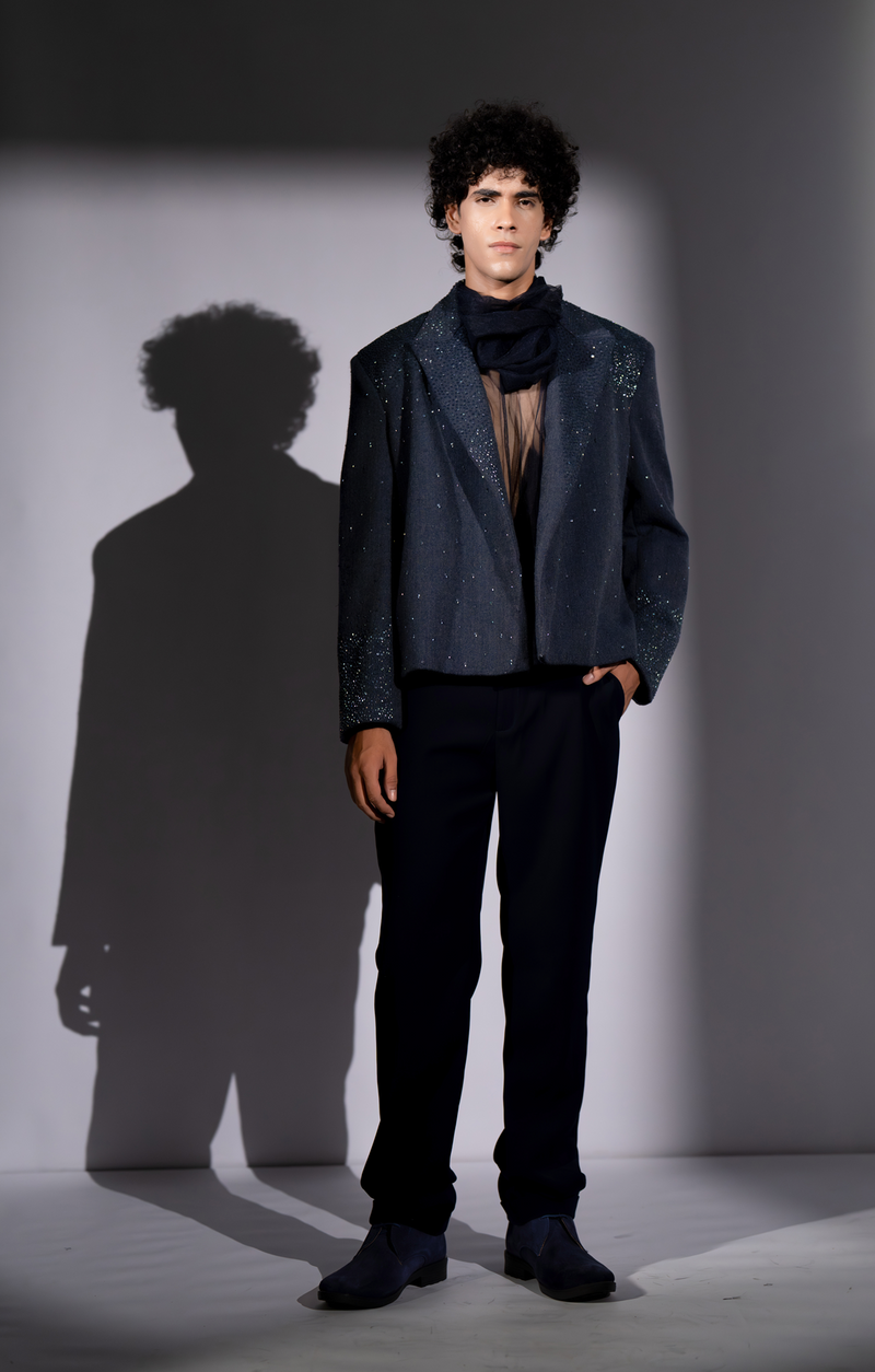 NAVY BLUE TULLE SHIRT AND COWL