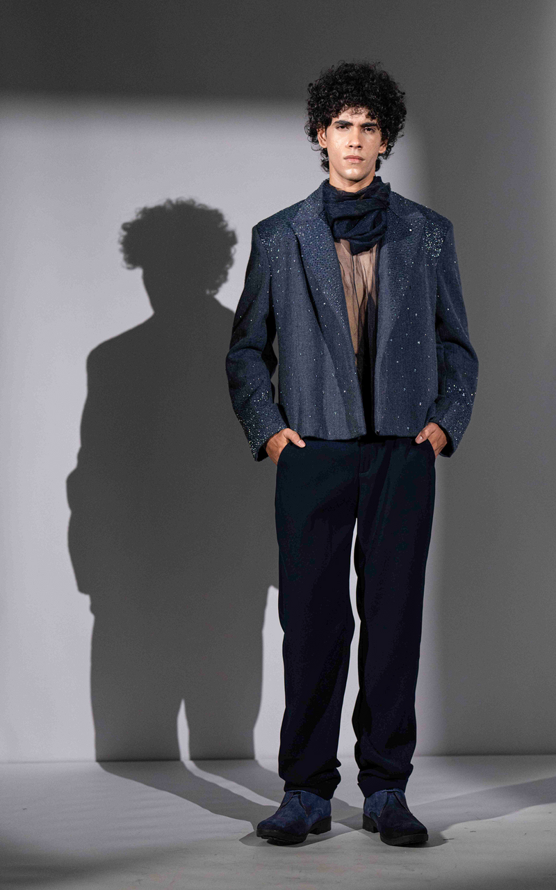 NAVY BLUE TULLE SHIRT AND COWL