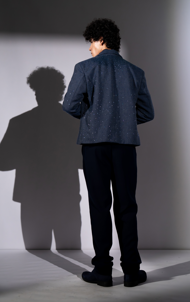 ASH BLUE SUEDE STAR BURST EMBROIDERED BOMBER