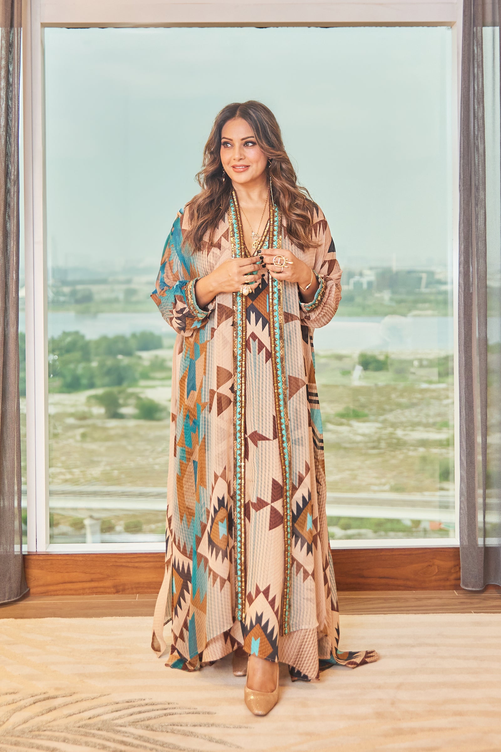 Bipasha Basu in Tan Tapis Print Dress with Hand Thread Embellishments –  Nikita Mhaisalkar