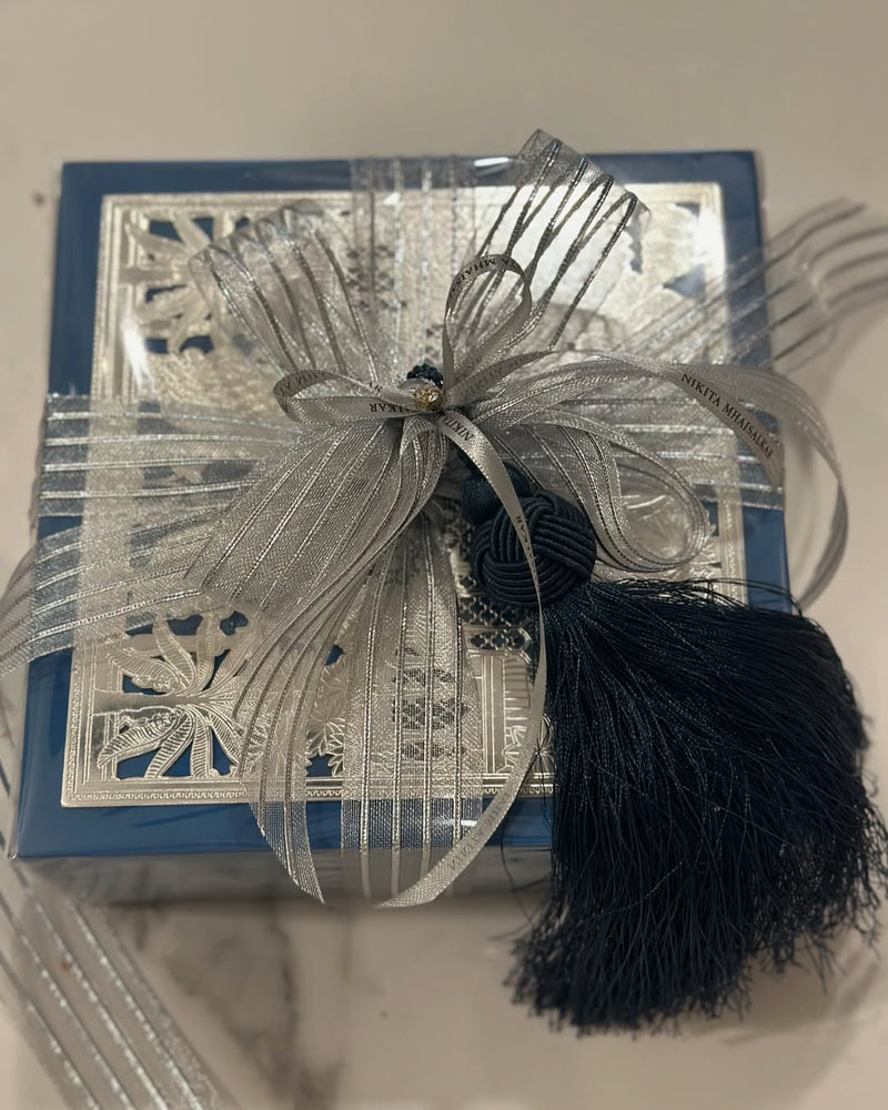 SIGNATURE BLUE AND SILVER METAL FILIGREE GIFT BOX
