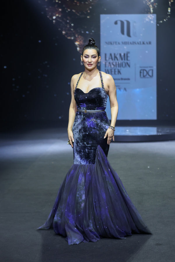 BLUE GALAXY PRINT FISHTAIL HALTER GOWN