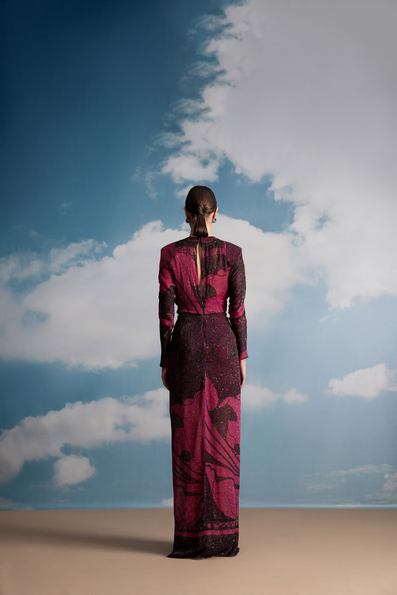 FUCHSIA PINK SWIRL PRINTED DRAPED DRESS