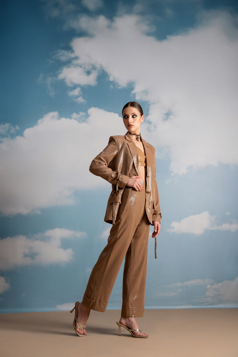 BEIGE LUXE SHEETED SEQUINS PANTSUIT WITH BRALETTE