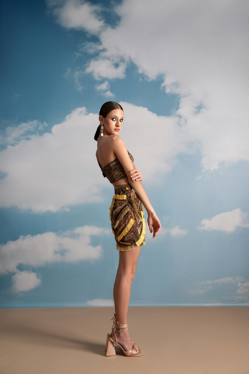 BROWN GEOMETRIC PRINT FRINGED SKIRT