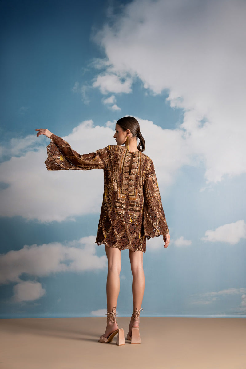 BROWN SHEETED SEQUINS DRESS WITH CUTWORK EMBROIDERY