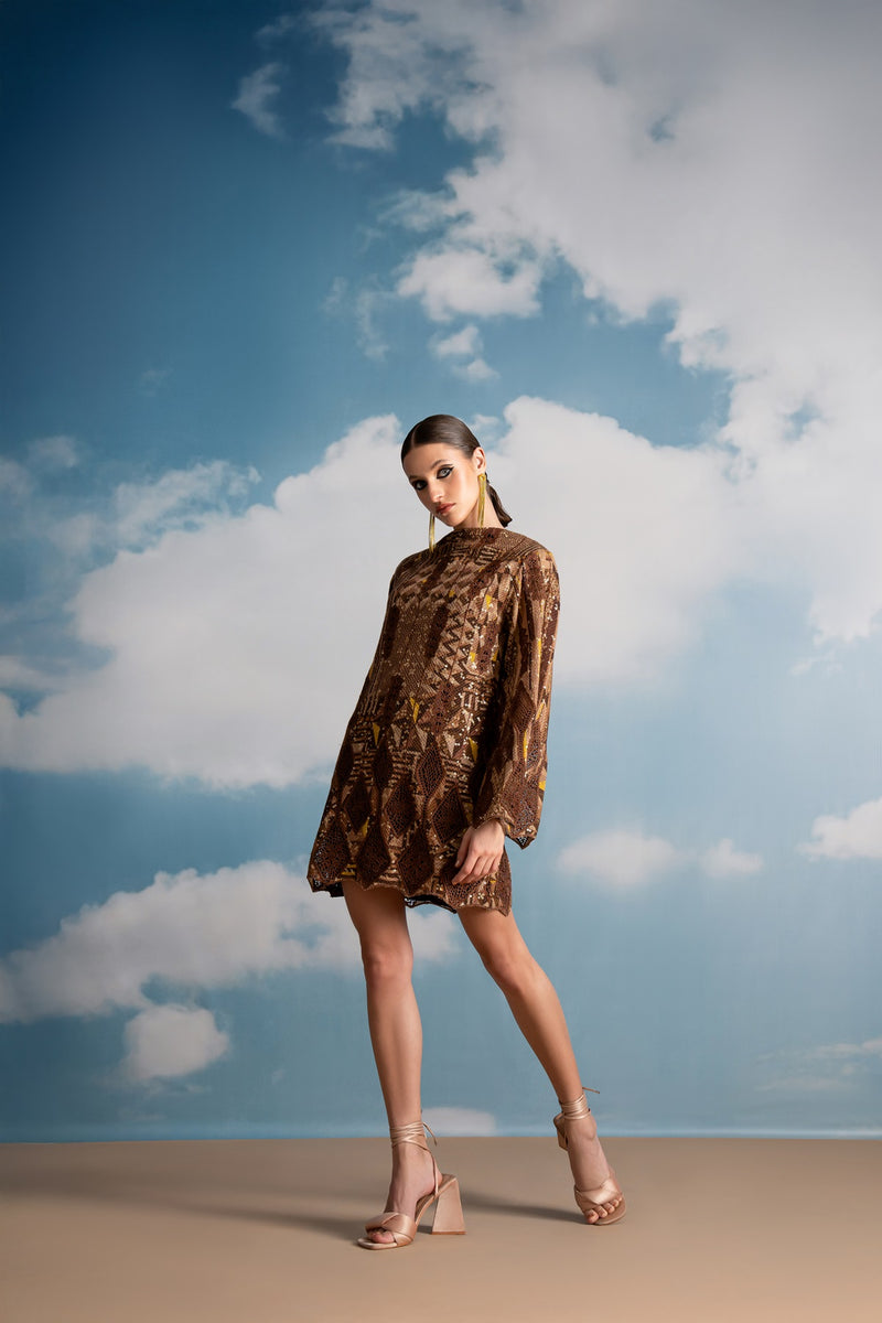 BROWN SHEETED SEQUINS DRESS WITH CUTWORK EMBROIDERY