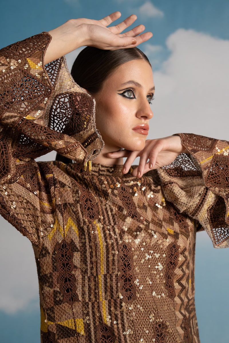 BROWN SHEETED SEQUINS DRESS WITH CUTWORK EMBROIDERY