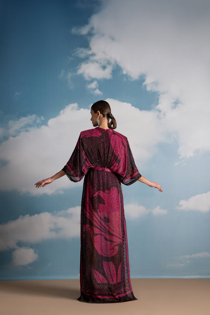 FUCHSIA PINK SWIRL PRINTED KAFTAN WITH BEADED EMBROIDERY