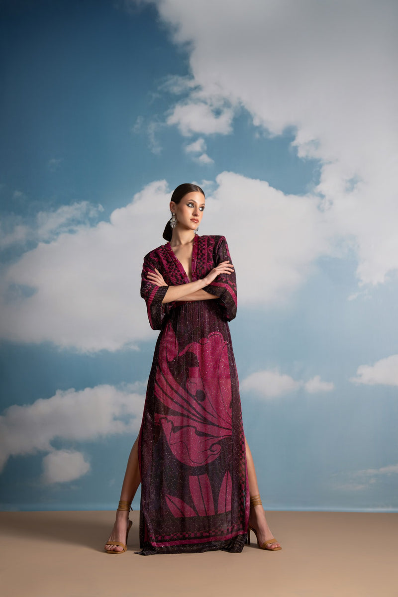 FUCHSIA PINK SWIRL PRINTED KAFTAN WITH BEADED EMBROIDERY