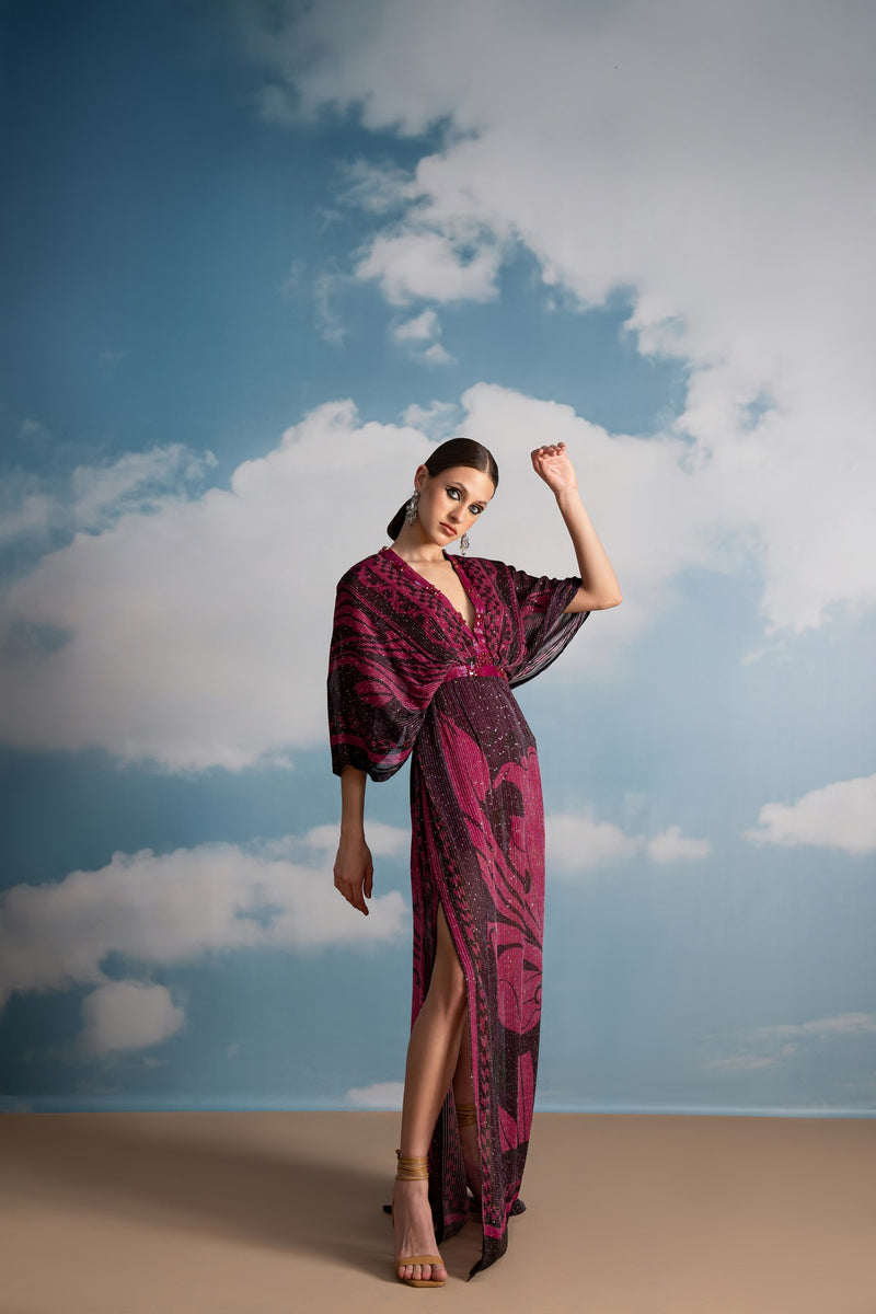 FUCHSIA PINK SWIRL PRINTED KAFTAN WITH BEADED EMBROIDERY