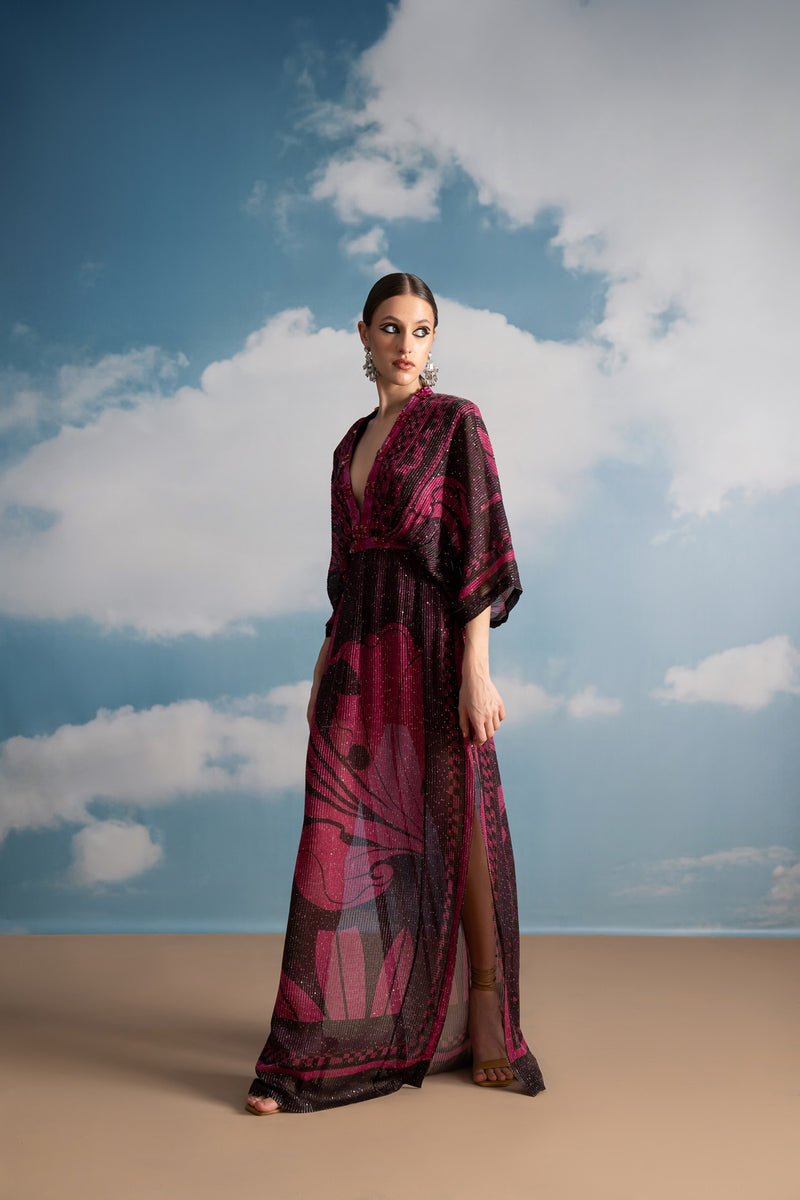 FUCHSIA PINK SWIRL PRINTED KAFTAN WITH BEADED EMBROIDERY