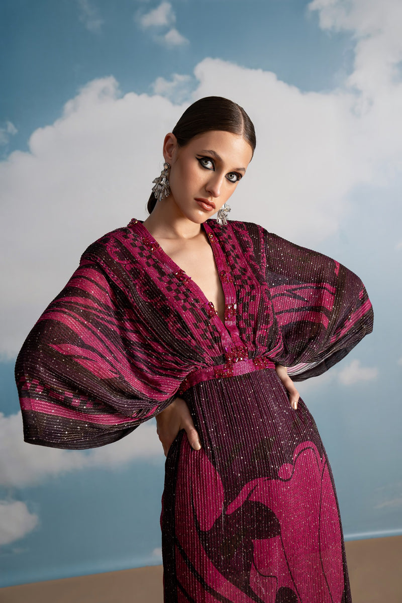 FUCHSIA PINK SWIRL PRINTED KAFTAN WITH BEADED EMBROIDERY