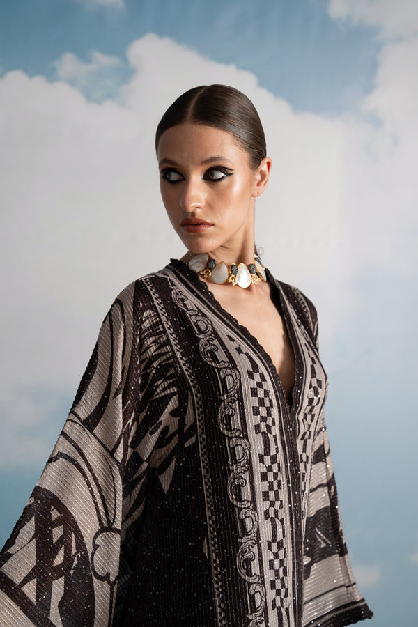 CHOCOLATE SWIRL PRINT FRONT OPEN KAFTAN WITH SLIP