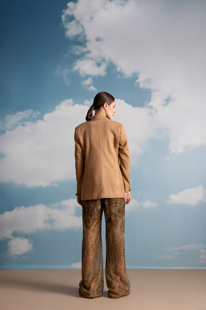 BROWN BAROQUE EMBROIDERED SHEER PANTS