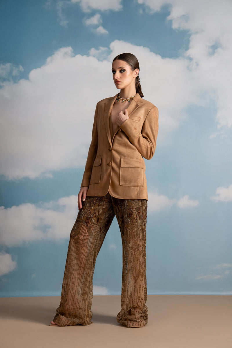 BROWN BAROQUE EMBROIDERED SHEER PANTS