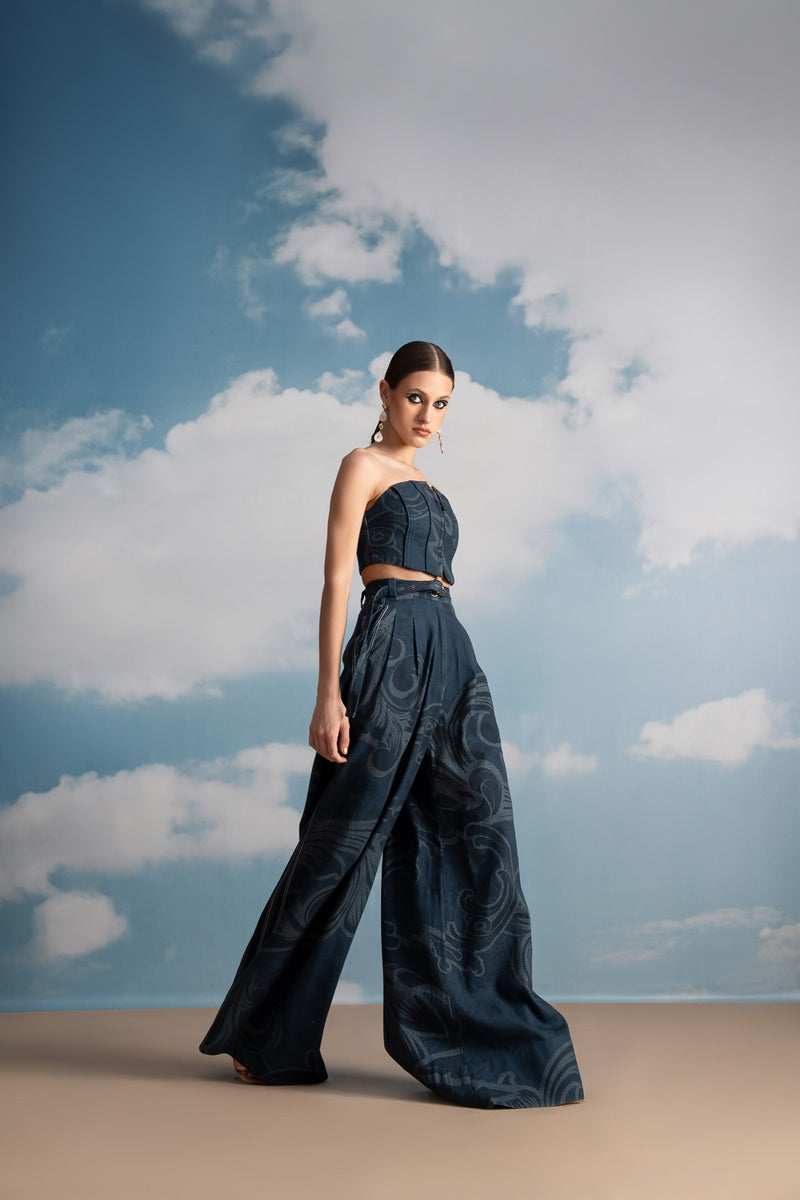 INDIGO SWIRL PRINTED WIDE LEG PLEATED PANTS WITH BELT