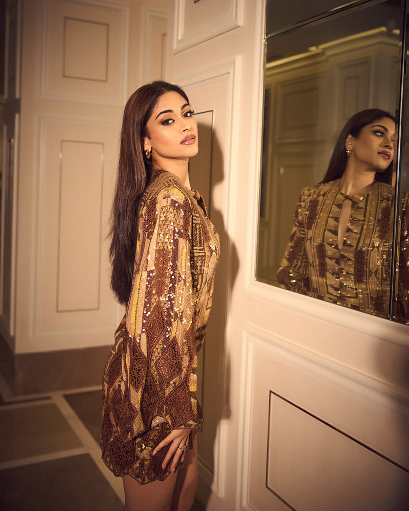 NANDINI GUPTA IN BROWN SHEETED SEQUINS DRESS WITH CUTWORK EMBROIDERY