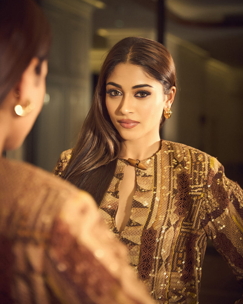 NANDINI GUPTA IN BROWN SHEETED SEQUINS DRESS WITH CUTWORK EMBROIDERY