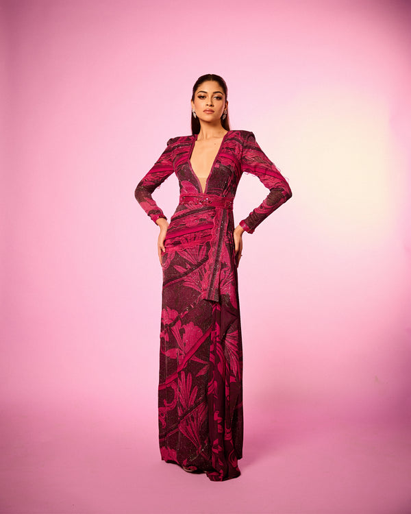 NANDINI GUPTA IN FUCHSIA PINK SWIRL PRINTED CHANTILLY DETAILED DRAPE DRESS