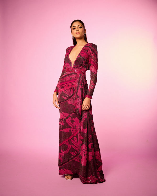 NANDINI GUPTA IN FUCHSIA PINK SWIRL PRINTED CHANTILLY DETAILED DRAPE DRESS