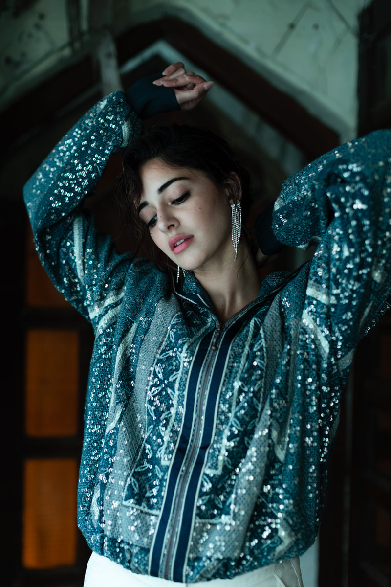 ANANYA PANDAY IN NOURA INDIGO BLUE SHEETED TILE PRINT BOMBER JACKET