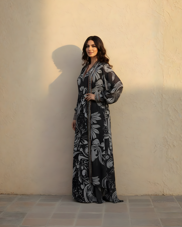 NOIR SWIRL PRINT DRESS WITH HAND THREAD AND WOODEN EMBELLISHMENTS