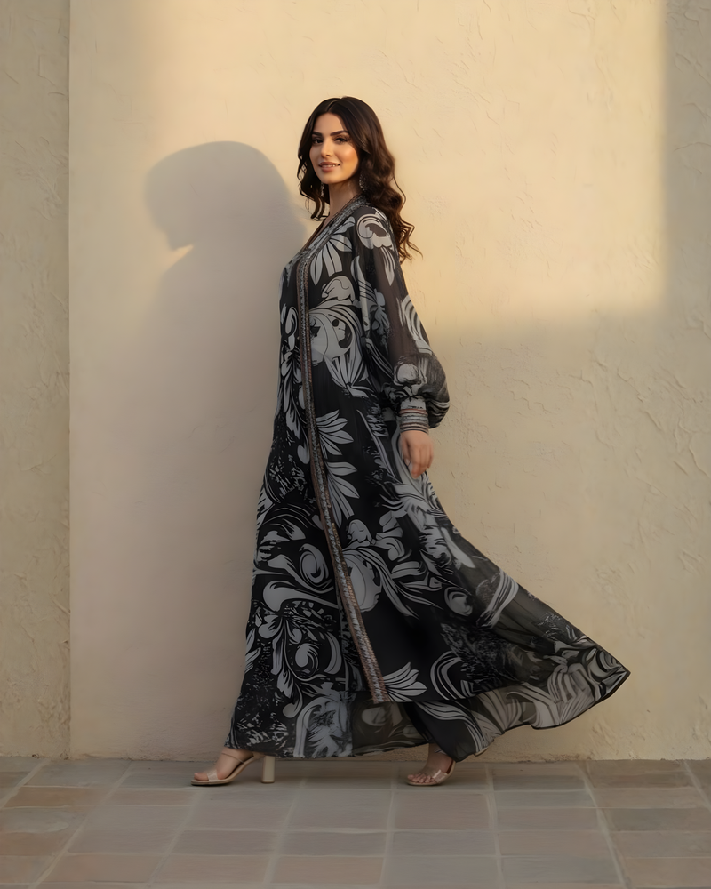 NOIR SWIRL PRINT DRESS WITH HAND THREAD AND WOODEN EMBELLISHMENTS