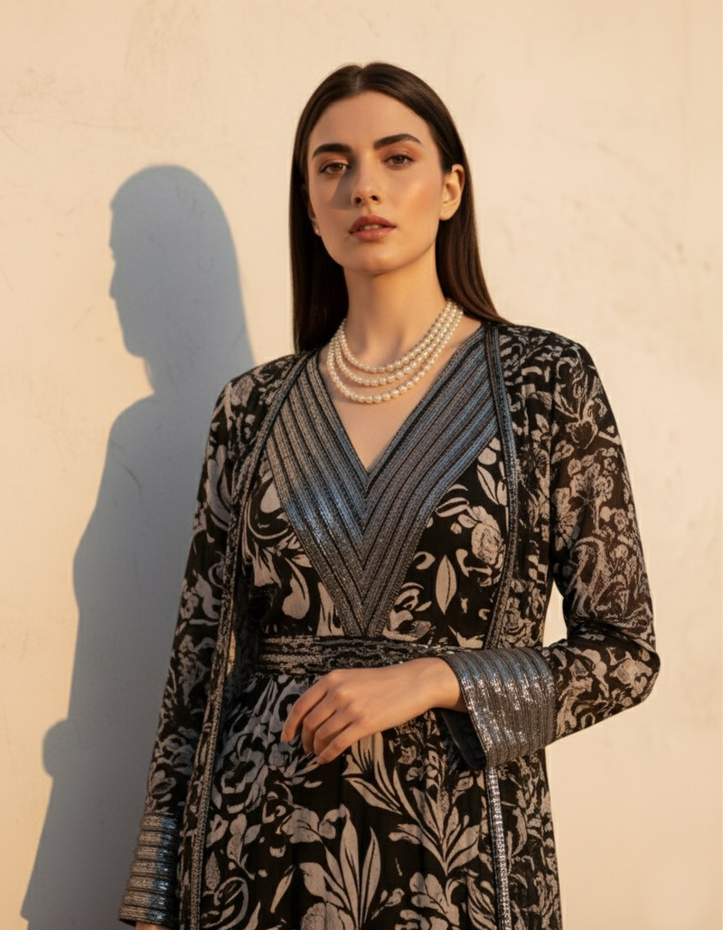 NOIR PINK SWIRL PRINT DRESS WITH LONGLINE JACKET & TASSLE BELT WITH GLASS CUT PIPE EMBROIDERY