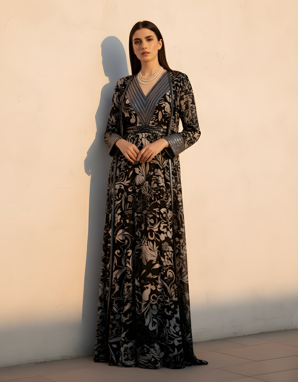 NOIR PINK SWIRL PRINT DRESS WITH LONGLINE JACKET & TASSLE BELT WITH GLASS CUT PIPE EMBROIDERY