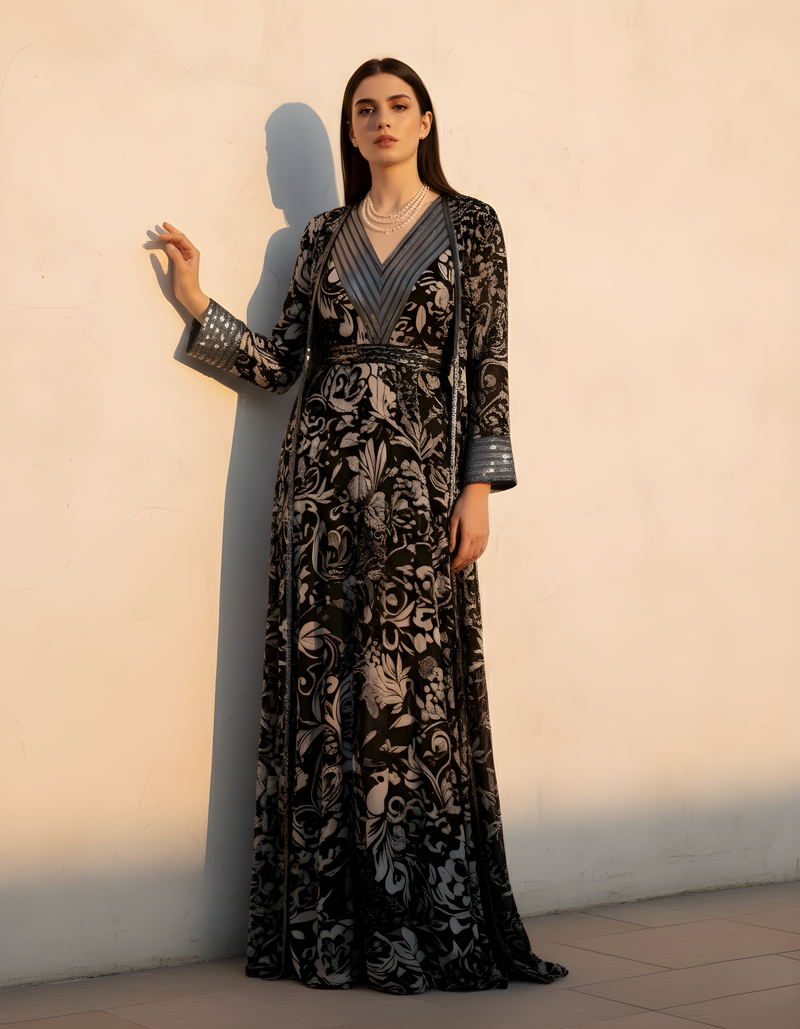 NOIR PINK SWIRL PRINT DRESS WITH LONGLINE JACKET & TASSLE BELT WITH GLASS CUT PIPE EMBROIDERY