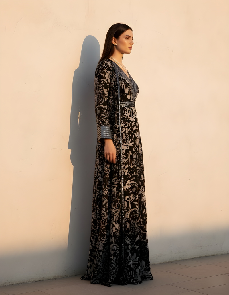 NOIR PINK SWIRL PRINT DRESS WITH LONGLINE JACKET & TASSLE BELT WITH GLASS CUT PIPE EMBROIDERY