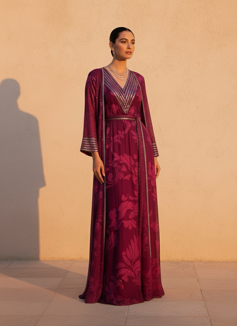 FUCHSIA PINK SWIRL PRINT DRESS WITH LONGLINE JACKET & TASSLE BELT WITH GLASS CUT PIPE EMBROIDERY