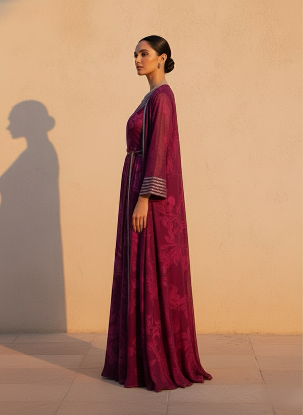 FUCHSIA PINK SWIRL PRINT DRESS WITH LONGLINE JACKET & TASSLE BELT WITH GLASS CUT PIPE EMBROIDERY