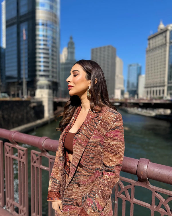 SOPHIE CHOUDRY IN TANGERINE BYZANTINE PRINT TRENCH COAT AND PANTS
