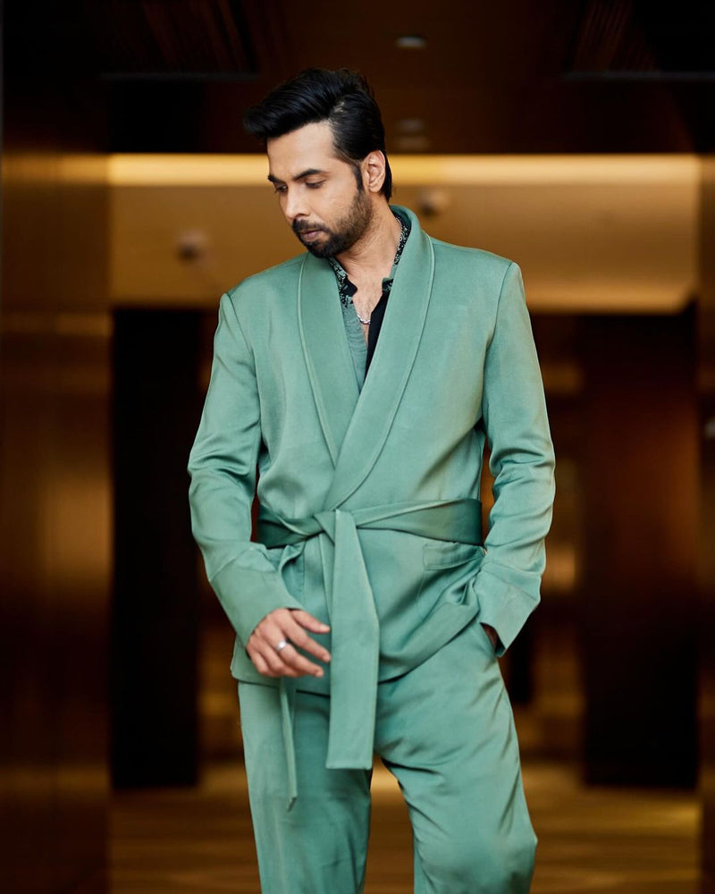 ABHISHEK BANARJEE IN JADE PANTSUIT WITH STROKE PRINT SHIRT AND TIE UP BELT