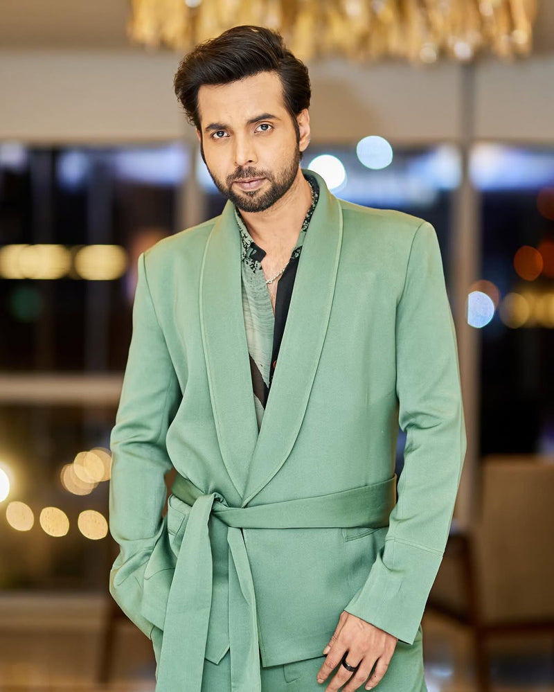ABHISHEK BANARJEE IN JADE PANTSUIT WITH STROKE PRINT SHIRT AND TIE UP BELT