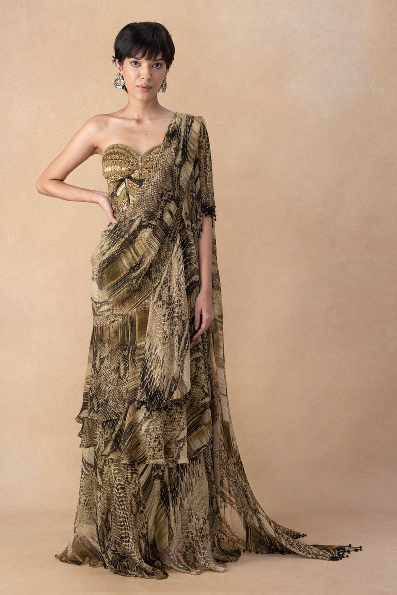 Green Python Print Ruffle Saree & Blouse Set – Nikita Mhaisalkar